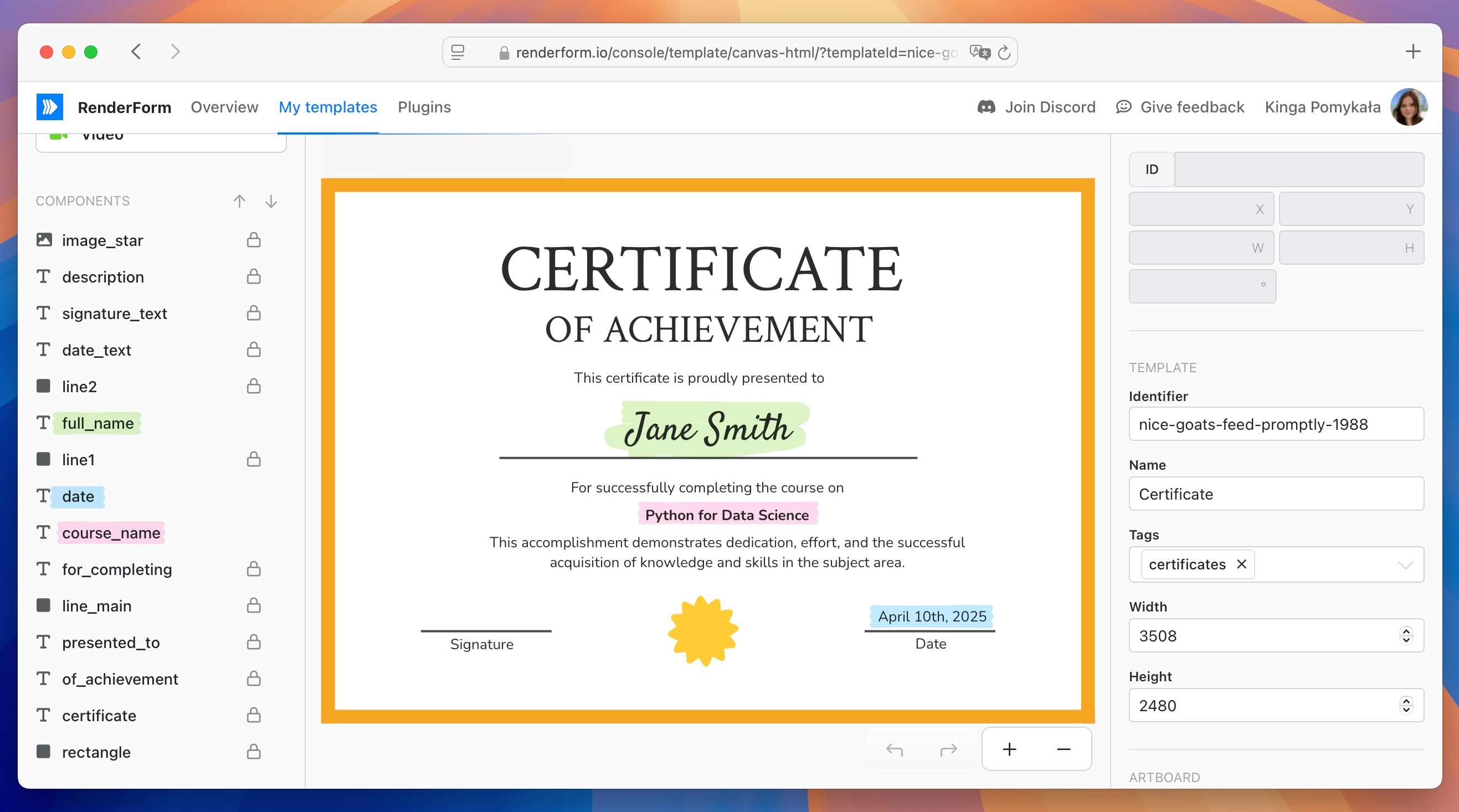 Certificate template components