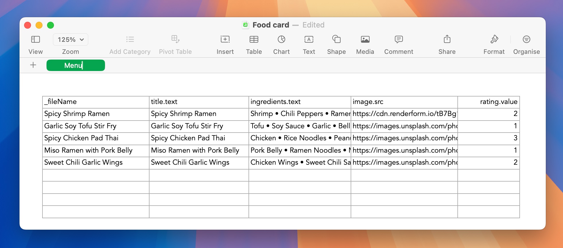 Spreadsheet data