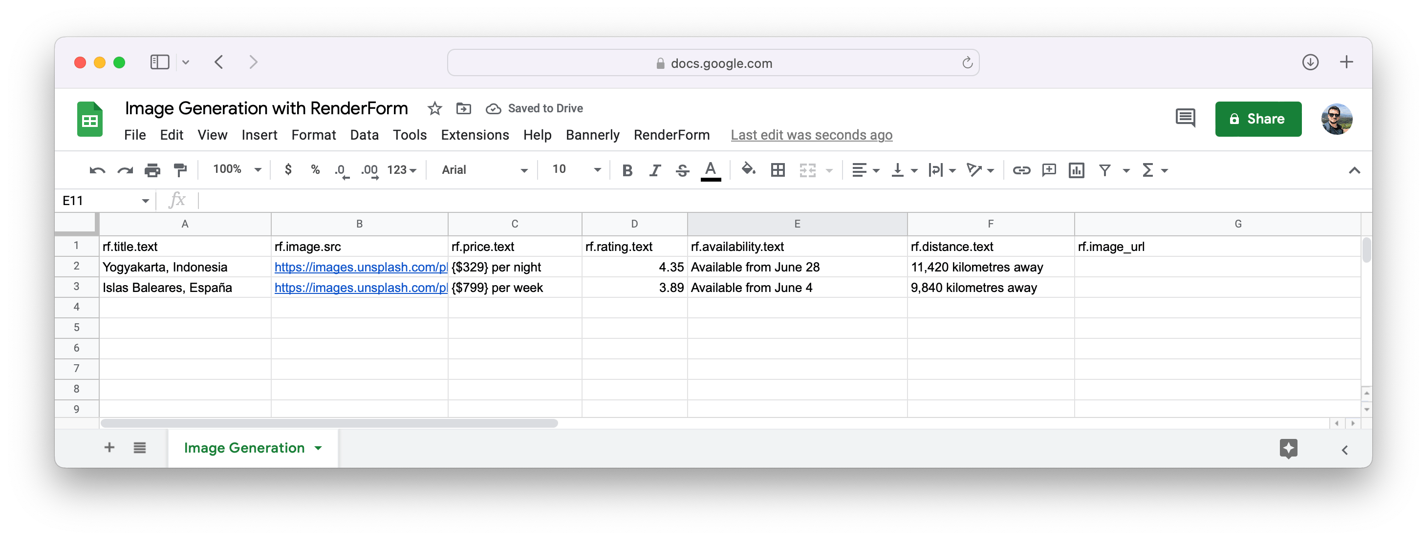 Google sheets for Image Generation