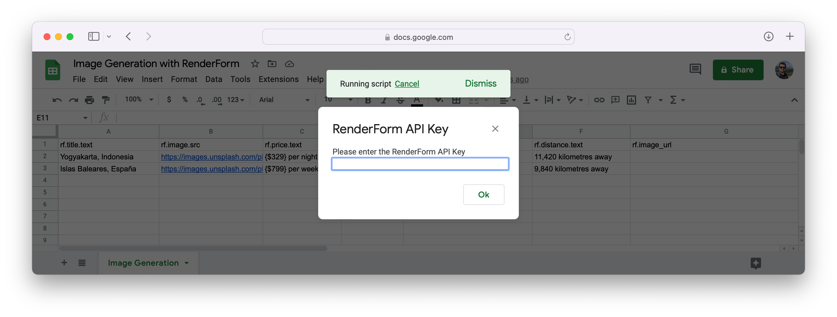 Start image generation in Google Sheets