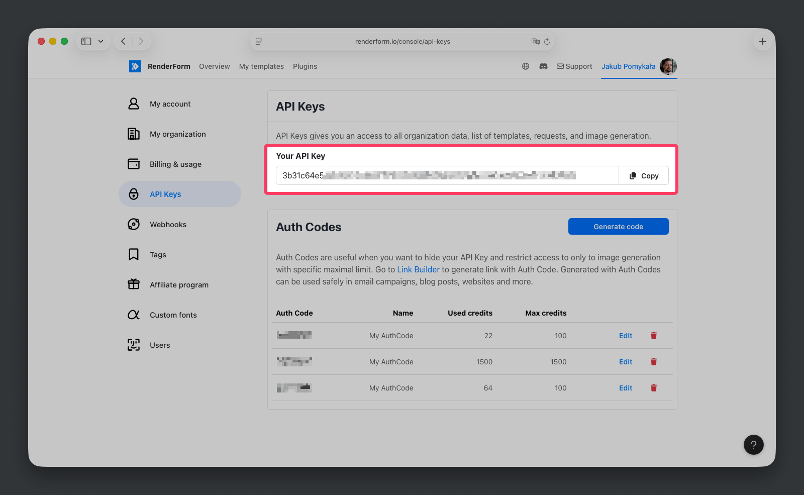 RenderForm Dashboard showing the API Keys page