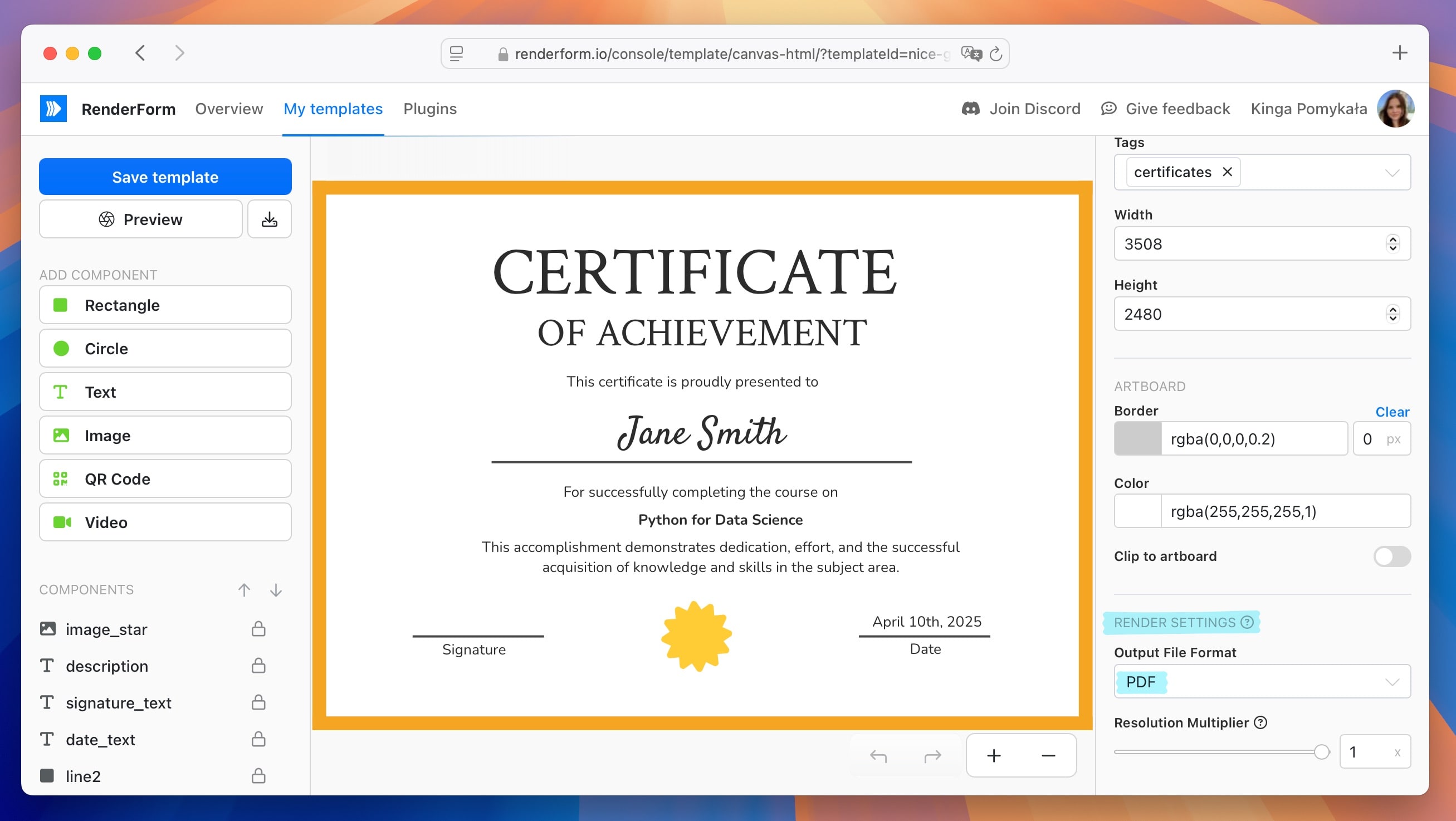 Certificate template render settings