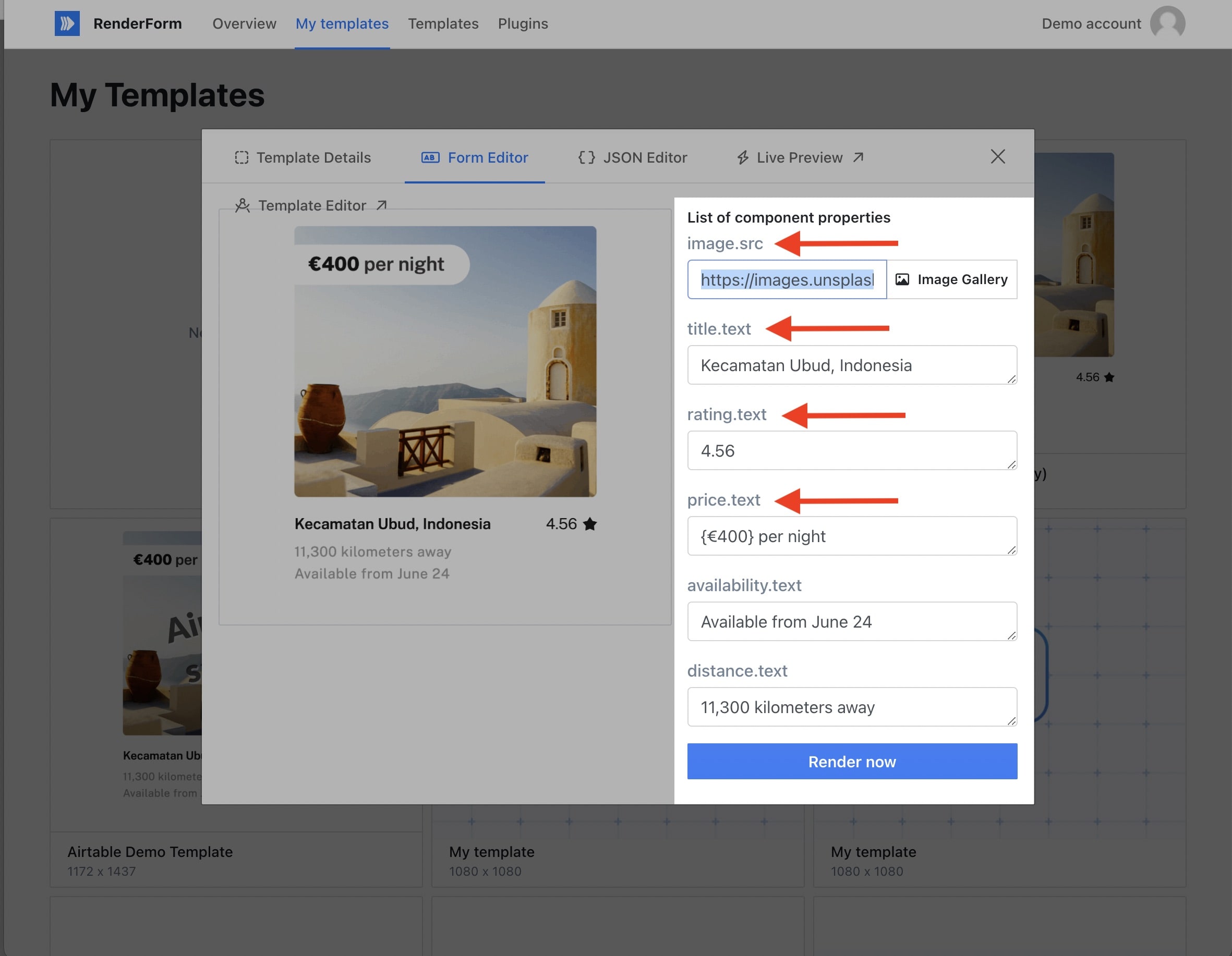 Get template properties for image rendering