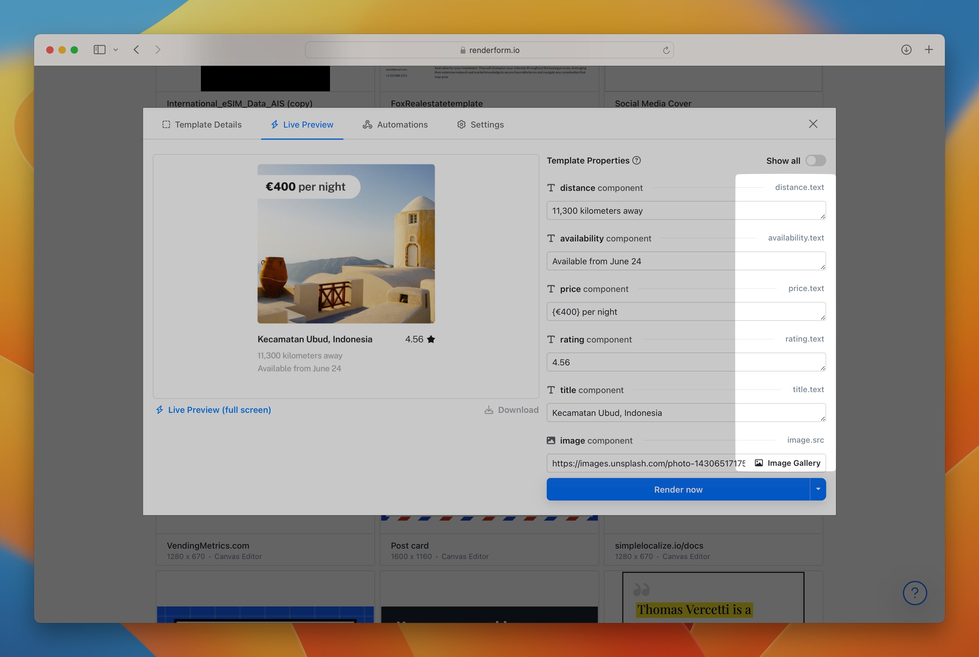renderform template properties